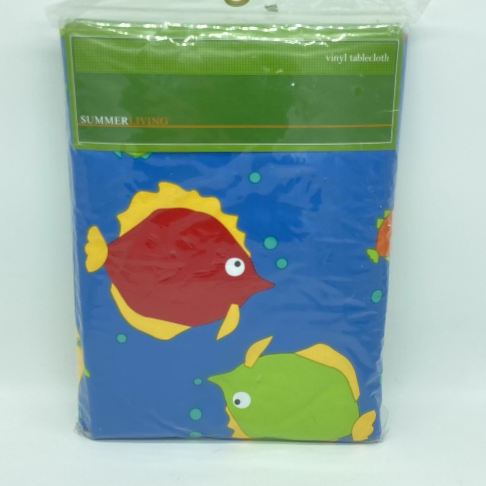 Summer Living Vinyl Tablecloth Umbrella 70" Blue Ocean Fish Theme New In Package